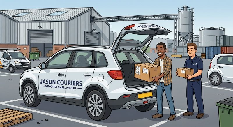 Jason Couriers loading a dedicated SUV courier vehicle at an industrial estate